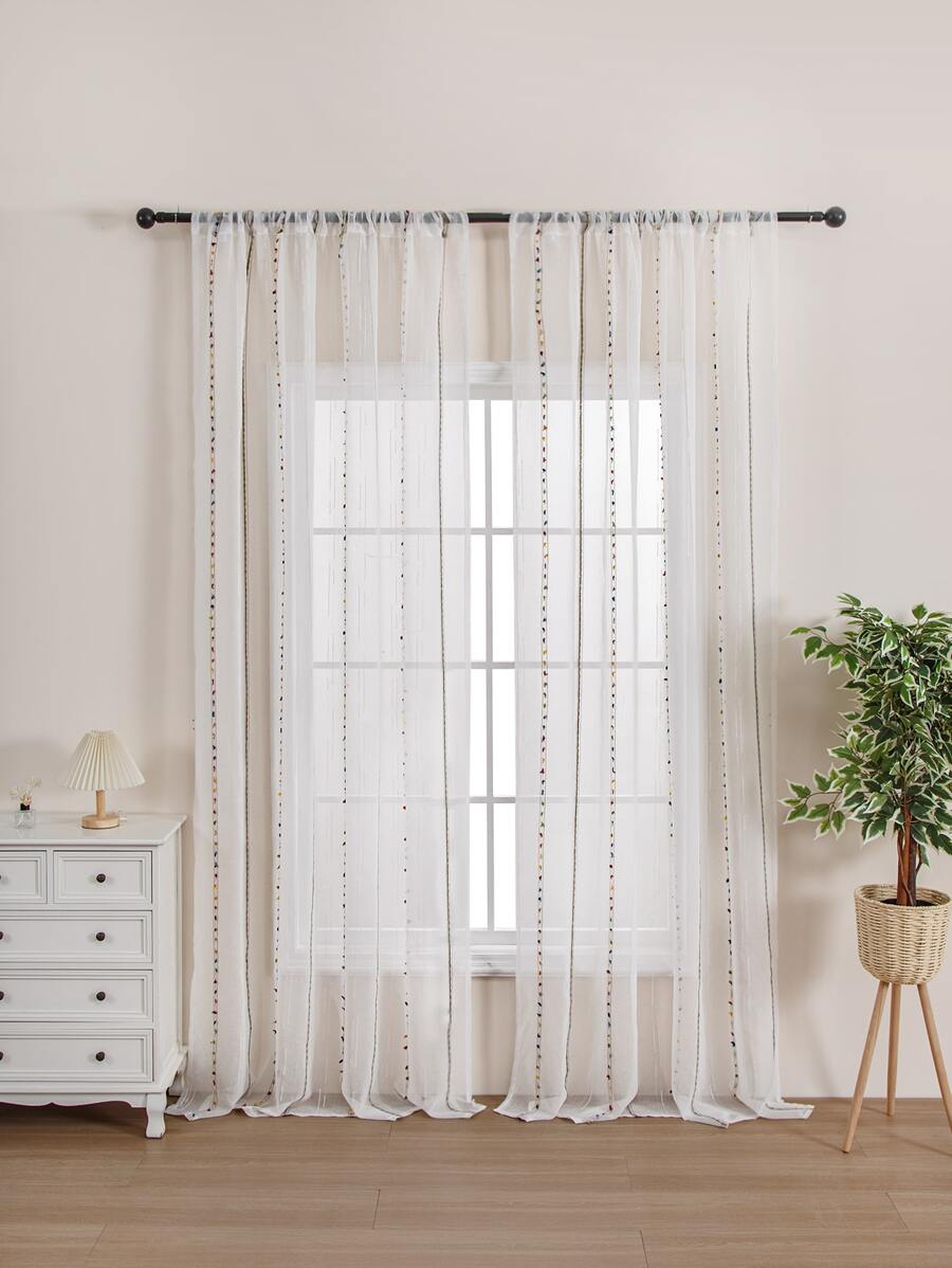 簡約清新有色壓花透紗窗簾,帶刺繡和桿口,1片 - 彩色 - 查看 1