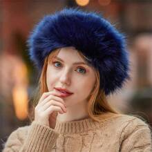 Mongolian Yurt Style Faux Fox Fur & Suede Hat, Unisex, Thickened And Warmed - Navy Blue - View 1