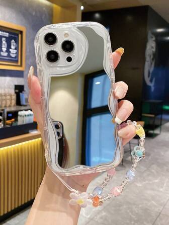 1pc Mirror + 1pc Colorful Floral Bracelet + 1pc Fashionable Transparent Perforated Anti-Drop Cream-Colored Texture Material Phone Case, Compatible With Apple/Redmi/Infinix/Vivo/Oppo Waterproof Shockproof Scratch Resistant