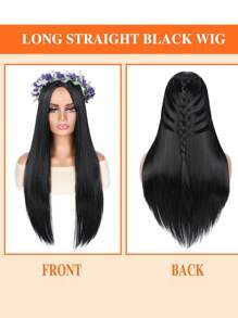 30吋長自然直髮中分自然黑色透氣合成纖維假髮,日常或派對均可佩戴 - 黑色 - 查看 7