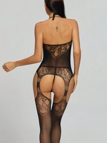 Medias De Lencería Sexy Encaje Exquisito Liguero Y Medias Lenceria De Una Pieza - Negro - Ver 7