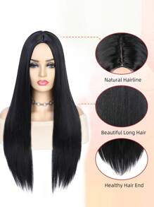 30吋長自然直髮中分自然黑色透氣合成纖維假髮,日常或派對均可佩戴 - 黑色 - 查看 6