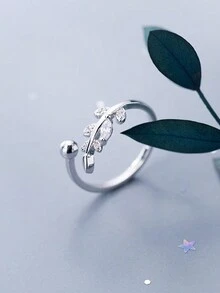 MODIAN 925 純銀女士結婚訂婚戒指閃亮樹枝葉開口可調節戒指高級珠寶 - 銀色 - 查看 5