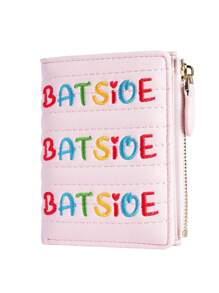 Batsioe拼色字母女士錢包,ins風格韓版簡約學生拉鍊包 - 粉色 - 查看 1