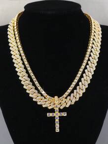 嘻哈風格2入組十字形網球項鏈14mm,男女適用,冰河石項鏈帶鏈,情侶珠寶 - 金色 - 查看 6
