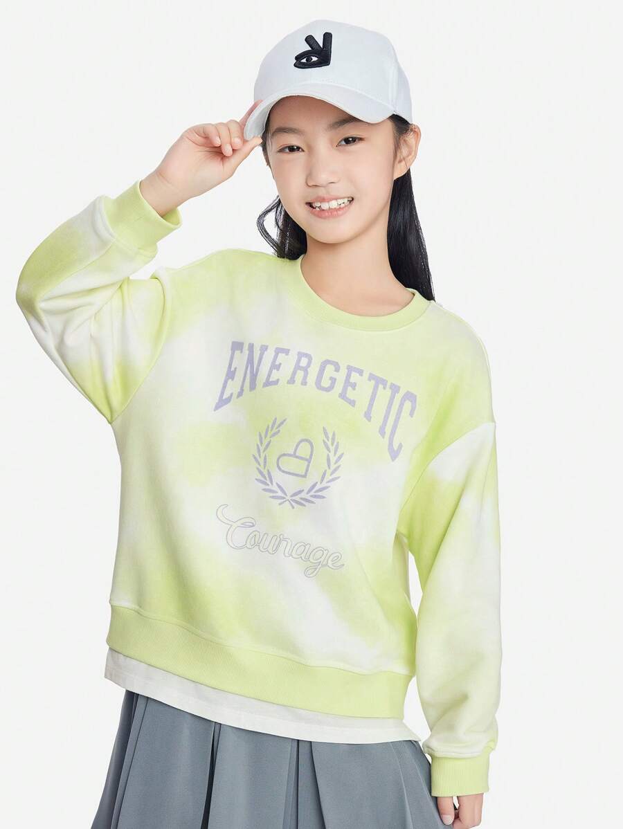 Annil 兒童服飾女童毛衣，綁染長袖春秋兩季中大童純棉休閒萬用套頭上衣 - 綠色 - 查看 1