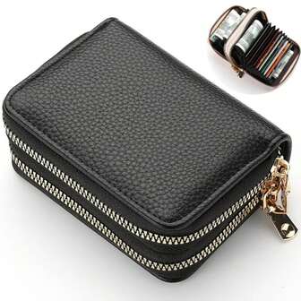 New Lychee Texture Accordion Card Holder Double Zipper Women's Wallet Large Capacity PU Card Case Multi-Function Card Holder For Women Mini Wallet Small Wallet Cute Wallet Card Wallet Coin Wallet Gifts For Women Funny Gifts Teacher Gifts