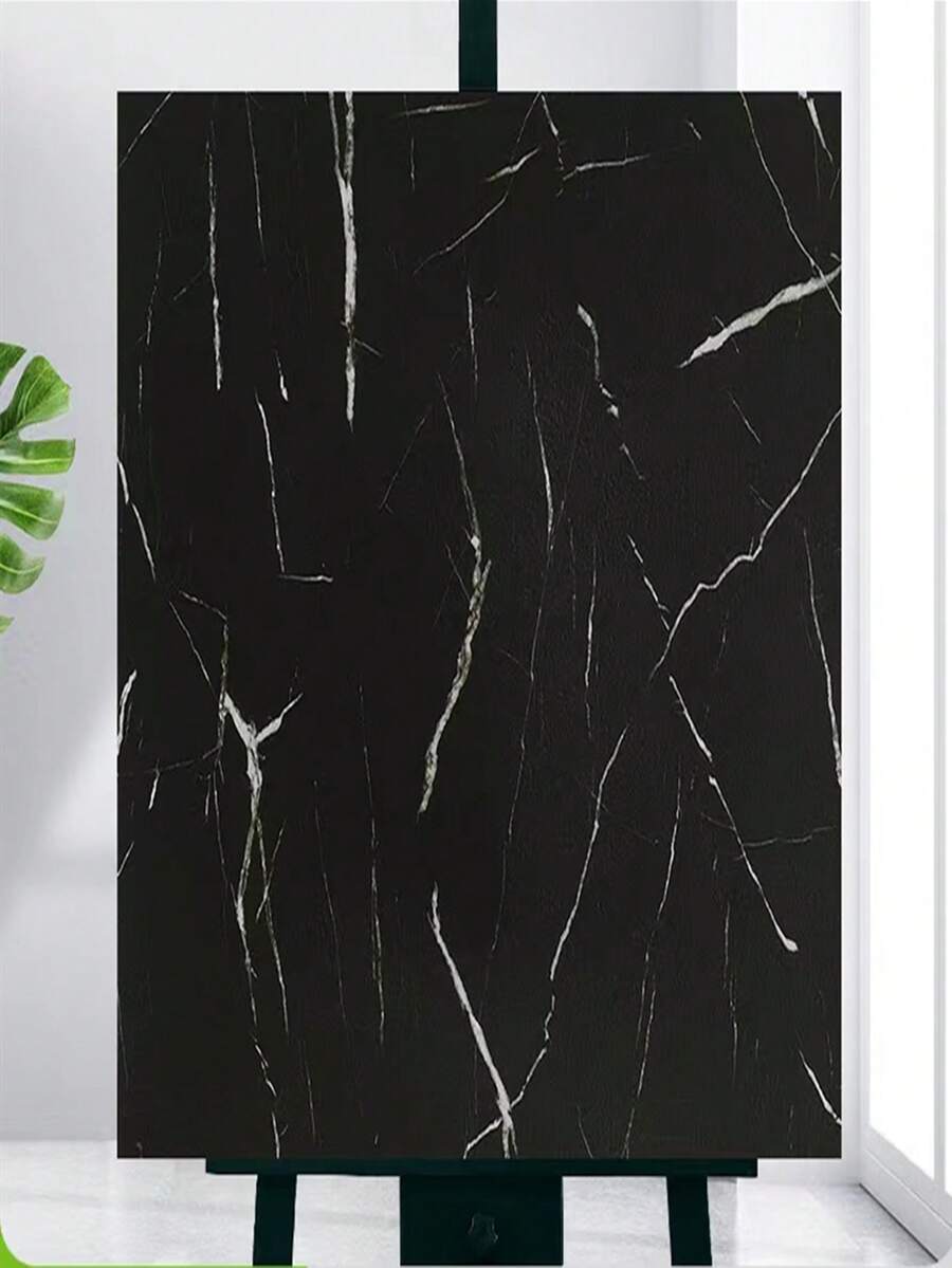 1 Caja/5 Uds. Etiqueta Autoadhesiva De Azulejo De Piso De Pvc Con Azulejo De Cerámica Falso Y Patrón De Mármol - Negro - Ver 1