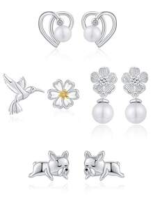 H Z JEWERLY 1對創意時尚鋯石裝飾耳環,具有夏季清涼主題的狗、鳥和心形,適合日常佩戴、假日派對,簡單舒適,作為禮物也很棒