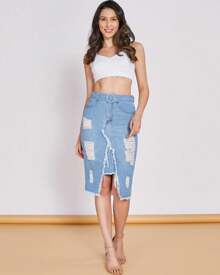 Women's Denim Skirt / High Waist / Distressed Denim With Slit / With Pockets / With Zip And Buttons / With Belt - Medium Wash - View 2