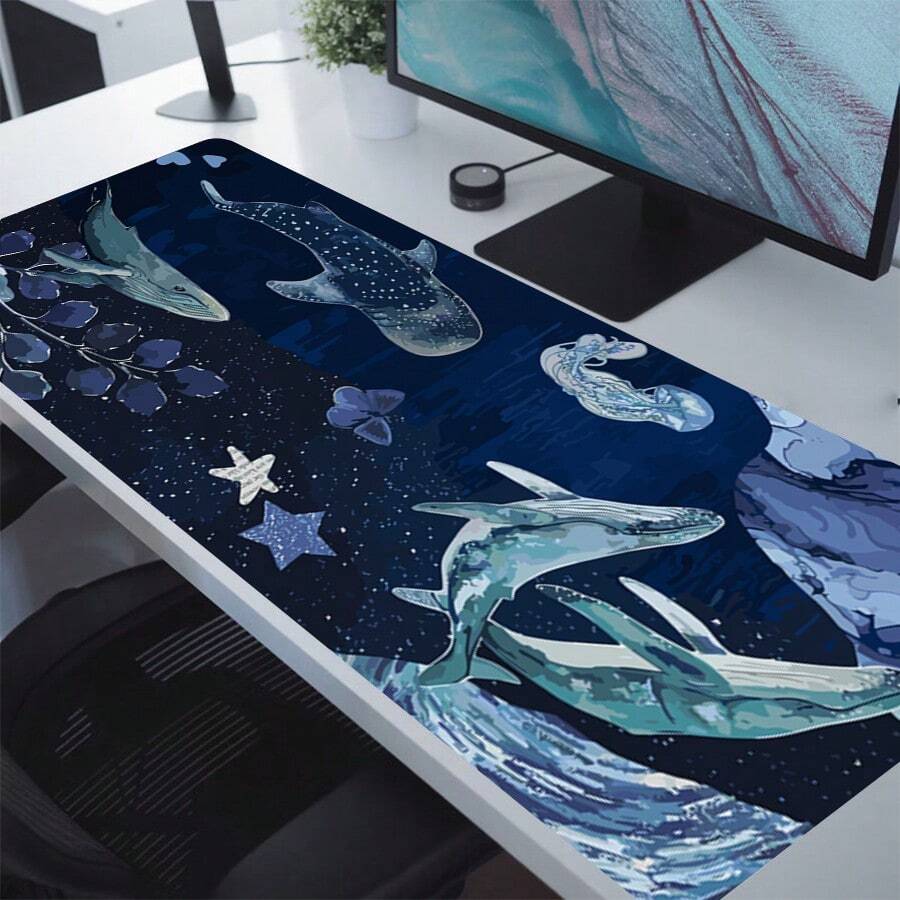 Devineresse 藍色海洋大鯨魚桌墊,平靜的海洋額外大的桌墊,可愛的擴展滑鼠墊,遊戲桌墊,大尺寸防滑橡膠底墊,帶有縫邊 - 藍色 - 查看 1