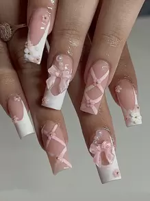 24pcs Premium European And American Style Full Drill Glitter Ballet Nail Set +1pc Jelly Gel +1pc Cuticle Pusher Press On Nails Nail Supplies - Multicolor - View 4