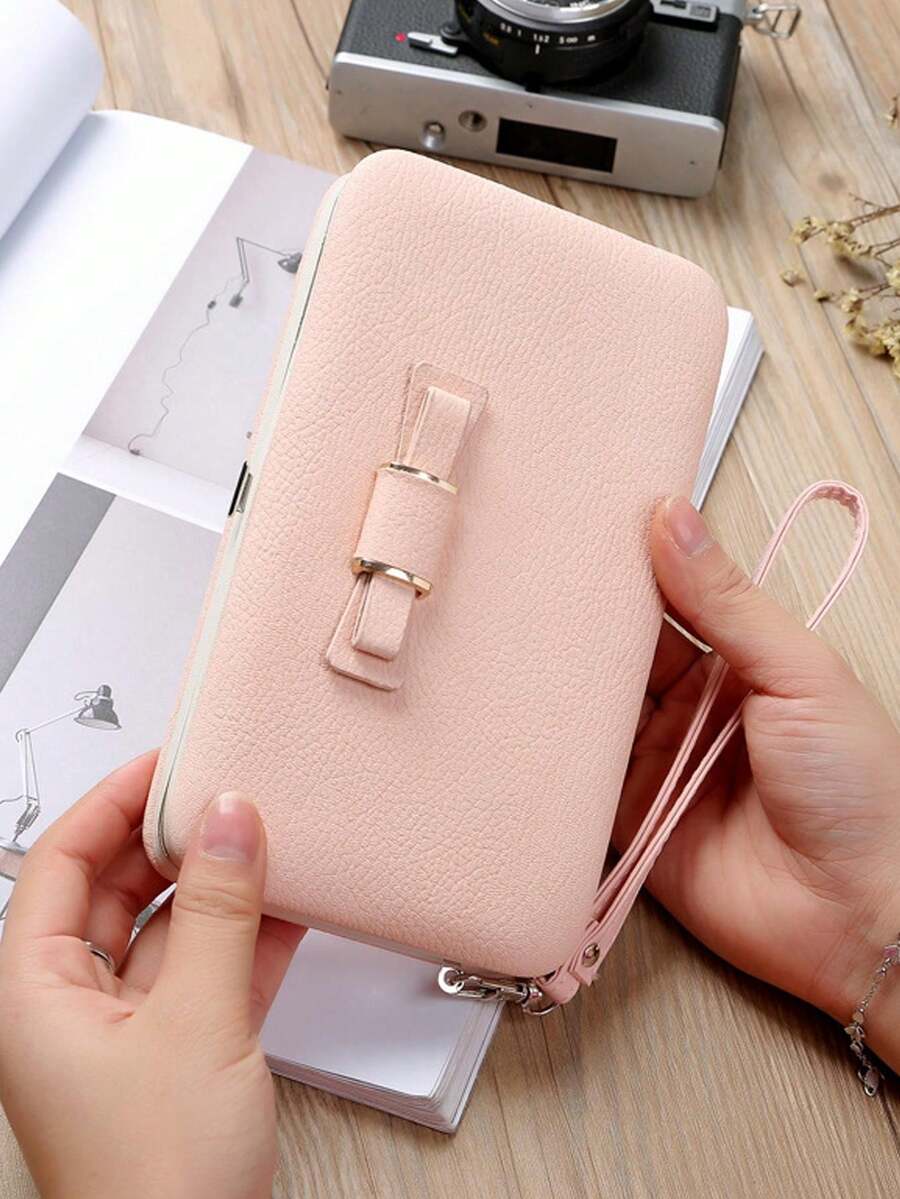 優雅蝴蝶結裝飾手機錢包,帶有卡槽和拉鍊口袋的時尚手機殼