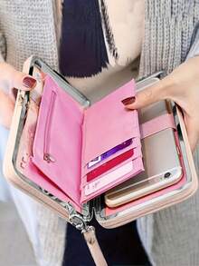 優雅蝴蝶結裝飾手機錢包,帶有卡槽和拉鍊口袋的時尚手機殼 - 粉色 - 查看 3