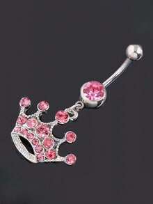 1個皇冠與粉色鑽石肚臍環,不銹鋼身體穿刺飾品 - 銀色 - 查看 4