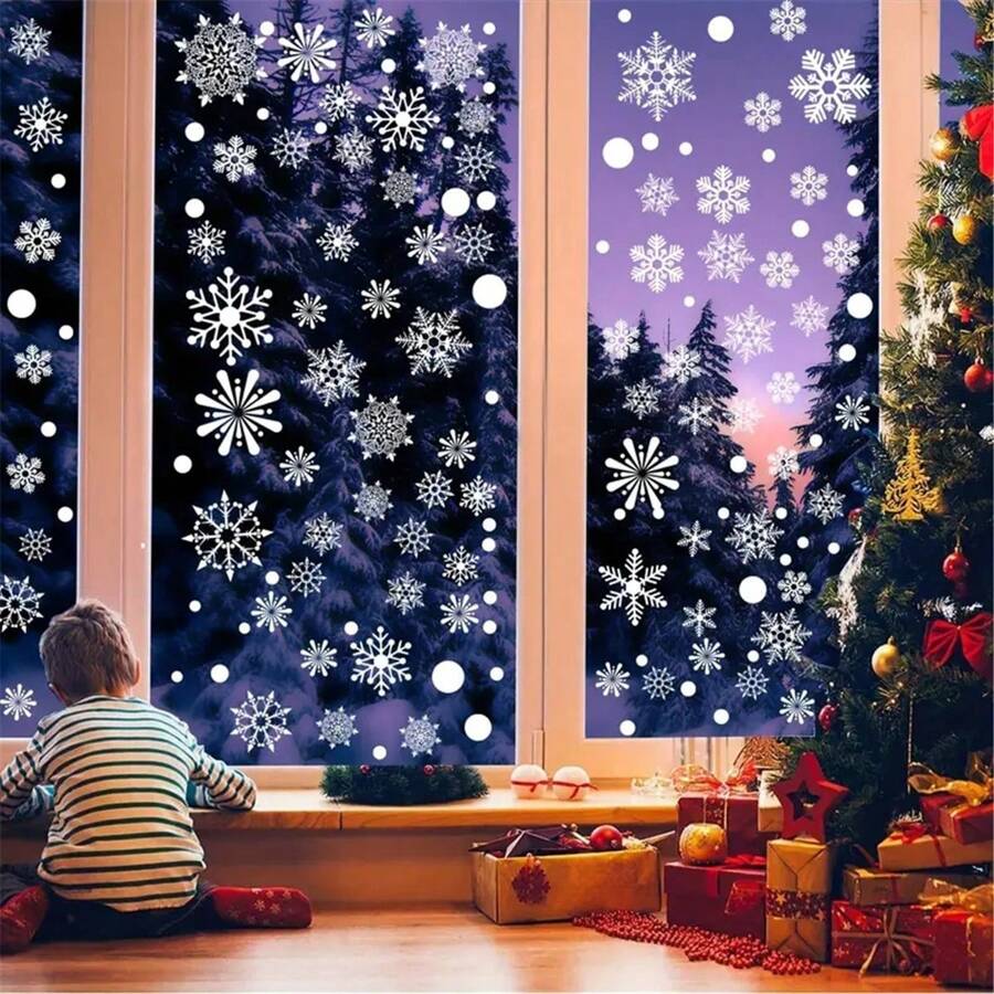 148 piezas de calcomanías y pegatinas de copos de nieve para ventanas, pegatinas de copos de nieve estáticas de bricolaje para decorar ventanas, puertas de vidrio, regalos de adornos navideños, Halloween, decoración de Halloween - Copos de nieve blancos - Ver 1