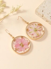 1 Pair Boho Style Dried Lavender & Pink Asymmetrical Petal Floral Simple Copper Hoop Earrings, Suitable For Daily Wear
