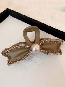 1pc Vintage & Cute Pearl & Rhinestone Decor Hair Claw Clip For Daily Use - Coffee - View 1