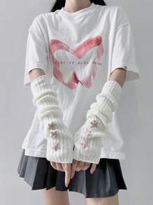 1對時尚白色袖套手套,粉色星星裝飾厚手臂保暖套,朋克&y2k風格的無指手套,適用於休閒、約會、家庭和戶外使用 - 白色 - 查看 4