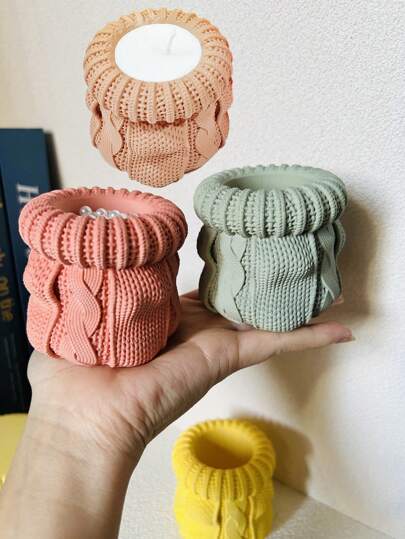 Knitted Woven Bag Candle Vessel Silicone Mold Succulent Plant Pot Cement Molds Sweater Knitted Texture Candlestick Plaster Candle Molds