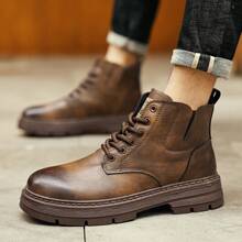 男士棕色靴子,時尚百搭中幫戶外皮靴,復古休閒鞋