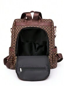 Mochila de gran capacidad con cierre de cremallera y estilo liso, de uso casual diario - Marrón - Ver 7