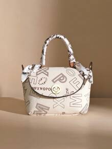 2023秋冬米白色字母圖案經典時尚四葉草扣手提袋,肩背包,日常通勤,出門斜跨包,假日親友禮物
