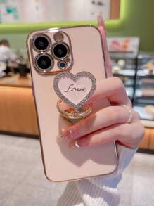 Valentines Electroplated Metal Foldable Rotating Heart Crystal Studded Phone Case Compatible With IPhone11, IPhone13, IPhone14, IPhone14 Pro, IPhone14 Plus, IPhone14 Pro Max, IPhone15, IPhone15 Pro, IPhone15 Pro Max, IPhone16, IPhone16 Pro, IPhone16 Plus, IPhone16 Pro Max Waterproof Shockproof Anti-Fall Scratch Resistant - Pink - View 2