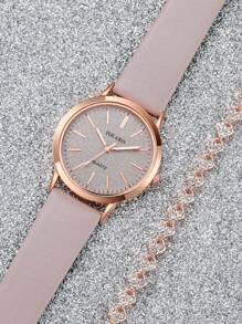Conjunto de reloj de pulsera de cuarzo con esfera mecánica y escala simple, correa mate + pulsera con forma de corazón completamente decorada con rhinestones, regalo de San Valentín para mujer