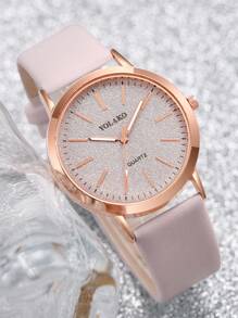 Conjunto de reloj de pulsera de cuarzo con esfera mecánica y escala simple, correa mate + pulsera con forma de corazón completamente decorada con rhinestones, regalo de San Valentín para mujer