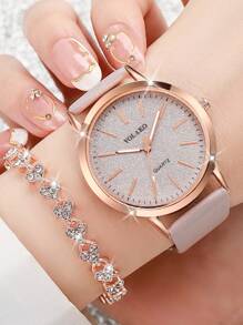 Conjunto de reloj de pulsera de cuarzo con esfera mecánica y escala simple, correa mate + pulsera con forma de corazón completamente decorada con rhinestones, regalo de San Valentín para mujer