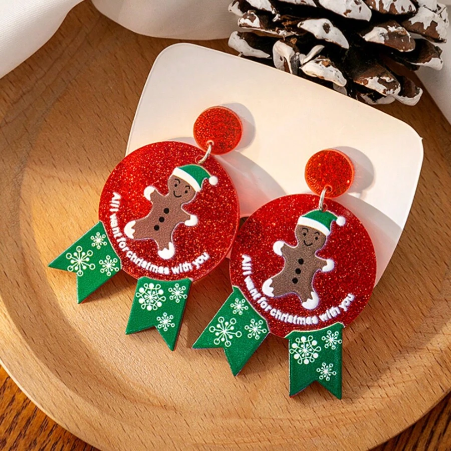 1對聖誕印花耳環,聖誕樹雪人曲奇惡棍聖誕老人耳環,亞克力耳環