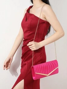 Satin Folded Clutch Envelope Evening Bag - Hot Pink - View 3
