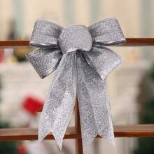 6入組銀色20cm/7.87in聖誕裝飾絲帶蝴蝶結,有金色亮片,適用於禮盒、聖誕樹、花環裝飾