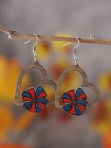 1對復古啦啦隊手擺、花朵造型垂墜耳環,雙面木製運動盛會耳飾,女款