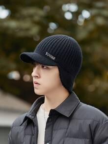 1 件男士針織帽冬季戶外騎乘保暖帽頭圍大臉小護耳厚實保暖 - 黑色 - 查看 2
