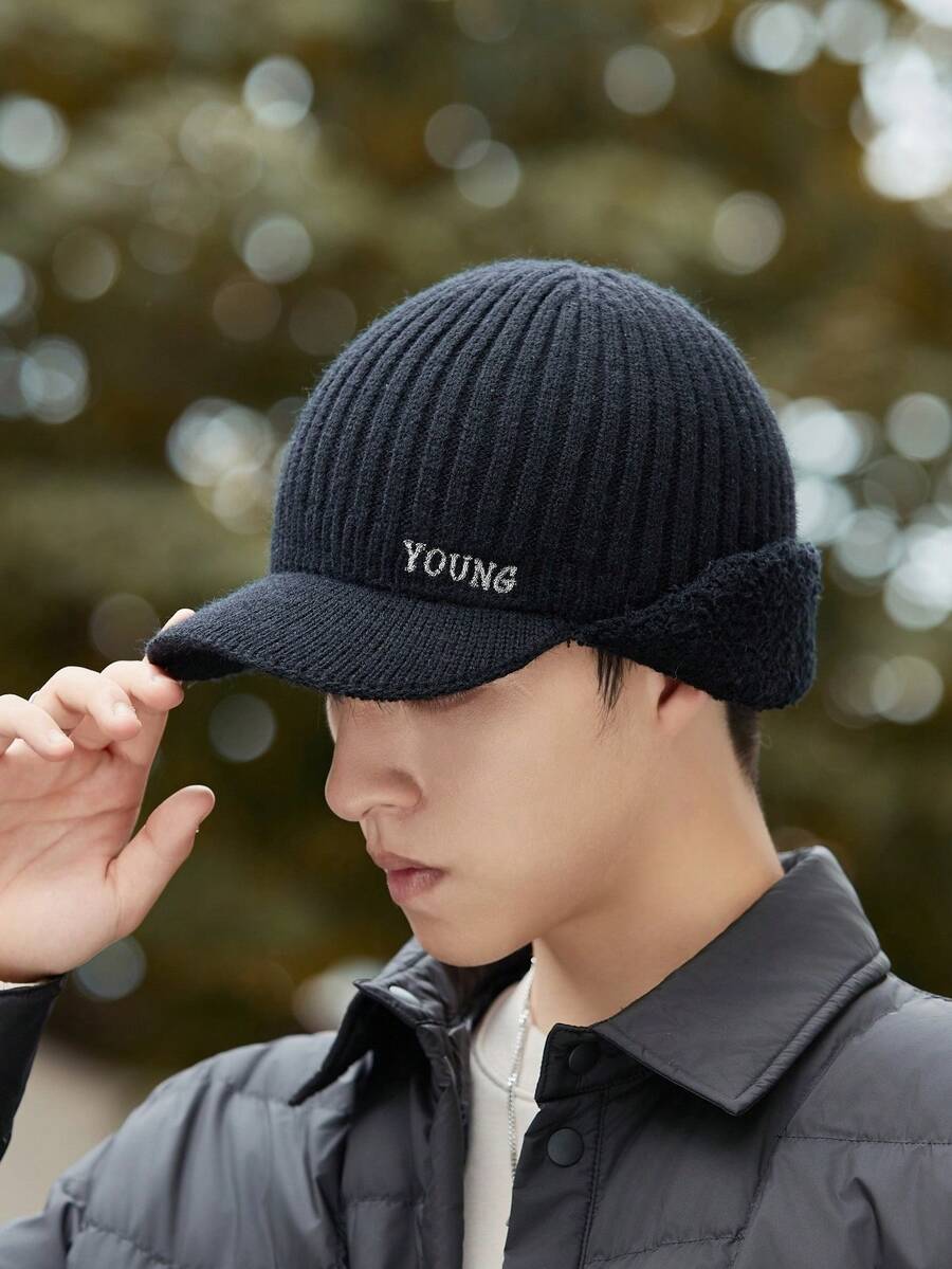 1 件男士針織帽冬季戶外騎乘保暖帽頭圍大臉小護耳厚實保暖 - 黑色 - 查看 1