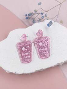 1對粉色閃光愛心形咖啡杯和飲料杯和印有字母的亞克力吊墜耳環,情人節浪漫甜蜜女孩禮物