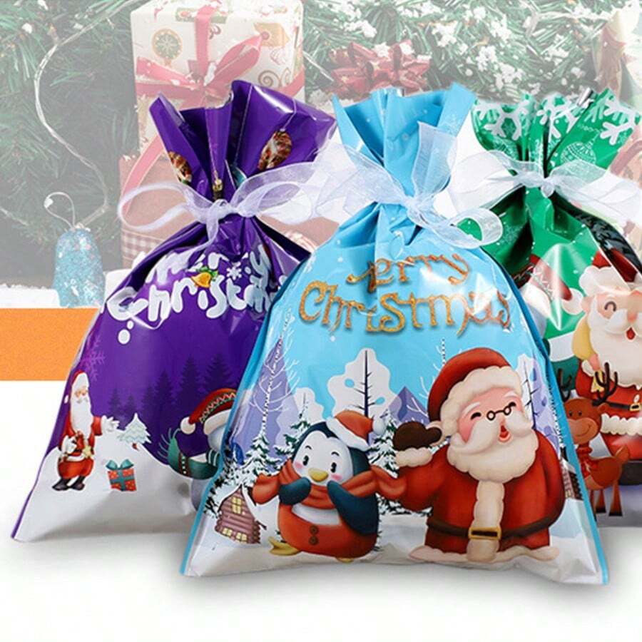 1pc Santa Claus Drawstring Gift Bag With Aluminum Foil Candy Packaging For Christmas Gift, Purple - Purple - View 1