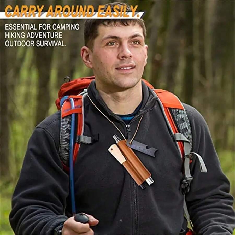 1pc Fire Starter Survival Kit With Wooden Handle, Flint & Steel, Fire