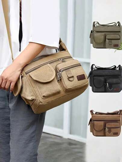 Men's Canvas One Shoulder Bag, New Large Capacity One Shoulder Bag, Multi-Pocket Messenger Bag, Student Travel Casual Bag