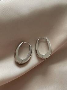 1pair Glossy Metallic Geometric Oval Shape U Hoop Earrings For Women Vintage - Antique Silver - View 7