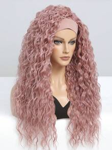 捲曲頭帶假髮24英寸長玫瑰粉色女士假髮150%密度豐盈柔軟女士假髮合成纖維無粘扣假髮