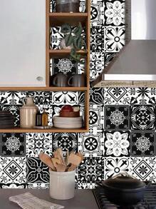 1set/10pcs Self-adhesive Removable Pvc Kitchen Sticker, Black And White Floral Pattern Waterproof Square Wall Decal For Home Decor - Multicolor - View 1