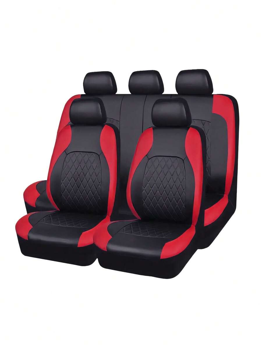 Universal Pu Leather 5-seats Car Seat Covers With Embossed Design, Red And Black, Suitable For Small And Medium-sized Cars - Red - View 1