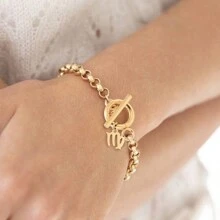1 件时尚不锈钢搭扣十二生肖吊坠手链女士 - 金黃色 - 查看 1