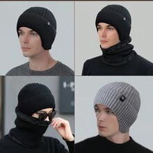 1 Miếng Mới nhất Đen Dệt kim Mùa Đông Mũ Không giới tính Slouchy Beanie Đối với Các hoạt động ngoài trời , Dày Len Mũ Với Tai Che phủ Và Khăn quàng cổ Bộ - màu đen - Xem 5