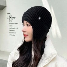 1 Miếng Mới nhất Đen Dệt kim Mùa Đông Mũ Không giới tính Slouchy Beanie Đối với Các hoạt động ngoài trời , Dày Len Mũ Với Tai Che phủ Và Khăn quàng cổ Bộ - màu đen - Xem 4