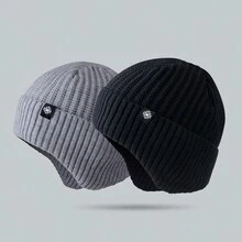 1 Miếng Mới nhất Đen Dệt kim Mùa Đông Mũ Không giới tính Slouchy Beanie Đối với Các hoạt động ngoài trời , Dày Len Mũ Với Tai Che phủ Và Khăn quàng cổ Bộ - màu đen - Xem 3