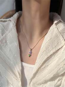 1pc New Arrival Romantic Tulip Flower & Oil Drop Detail Collarbone Chain Necklace, Elegant & Delicate For Daily Wear By Women Valentines,Mom,Mother,Mother's Day,Gift